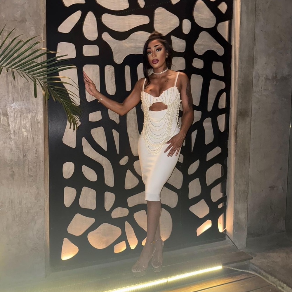 Fashion Nova White Midi Dress with Pearl Accents
